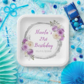 紫と銀の花エレガント誕生日 ペーパープレート (パーティー)