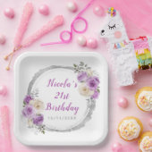 紫と銀の花エレガント誕生日 ペーパープレート (パーティー)