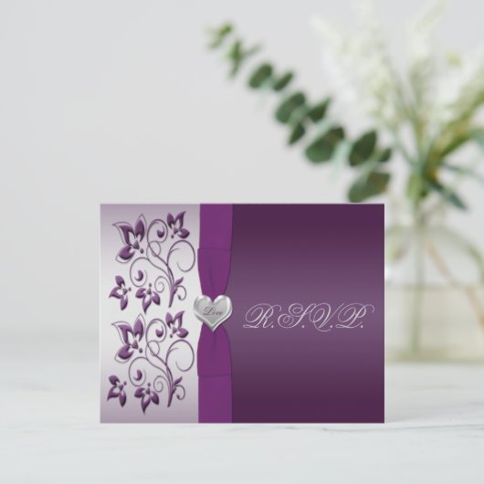 紫と銀の花模様に銀のハートの返信カード 出欠カード (スタンド正面)