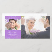 紫と銀の花結婚の写真カード サンキューカード (正面/裏面)