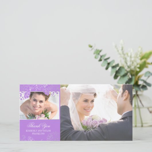 紫と銀の花結婚の写真カード サンキューカード (スタンド正面)