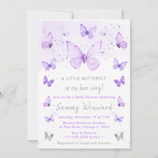 紫と銀の蝶の赤ちゃんシャワー 招待状 (正面)
