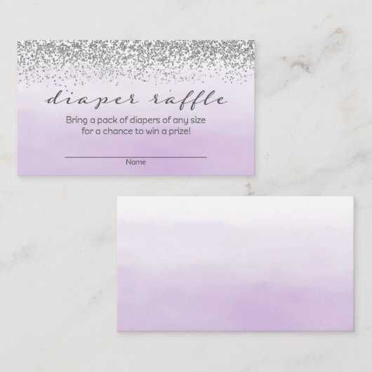 紫と銀の赤ちゃんシャワーおむつラッフル エンクロージャーカード (正面/裏面)