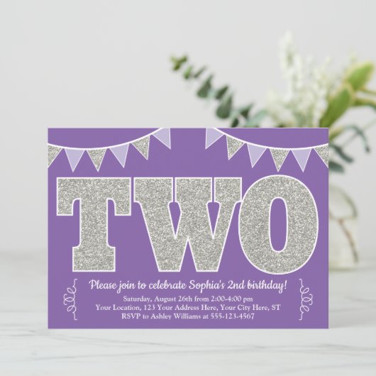 紫と銀の2歳の誕生日招待状| 2 招待状 (スタンド正面)