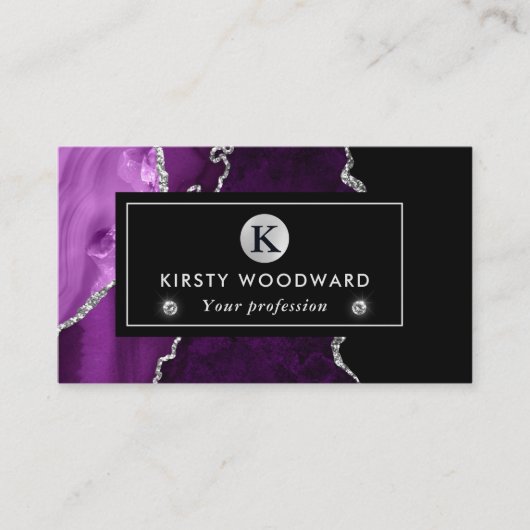 紫と銀エレガントのグリッター大理石瑪瑙 名刺 (正面)