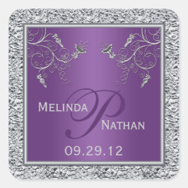 紫と銀箔のフローラステッモノグラムのカー スクエアシール