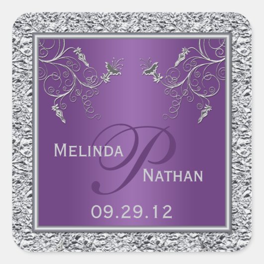 紫と銀箔のフローラステッモノグラムのカー スクエアシール (正面)
