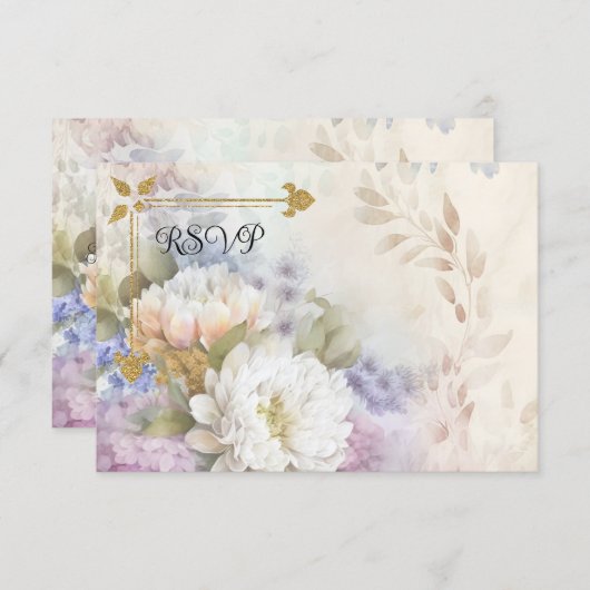 紫と青のアクセントが付いた白のダリア 出欠カード (正面/裏面)