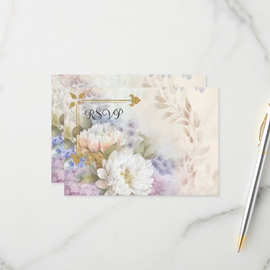 紫と青のアクセントが付いた白のダリア 出欠カード (正面/裏面インサイチュ)