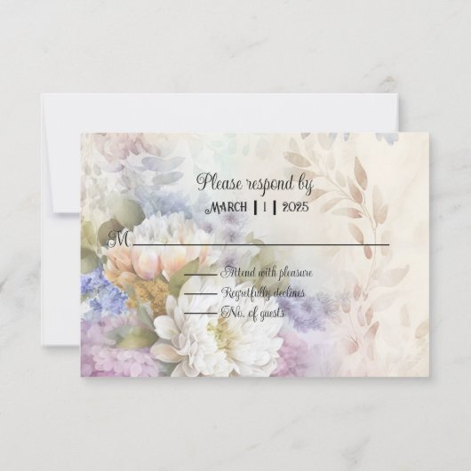 紫と青のアクセントが付いた白のダリア 出欠カード (裏面)