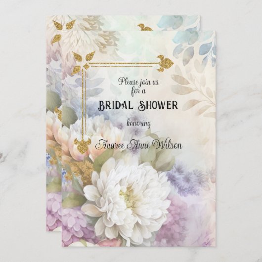 紫と青のアクセントを持つ白いダリア 招待状 (正面/裏面)