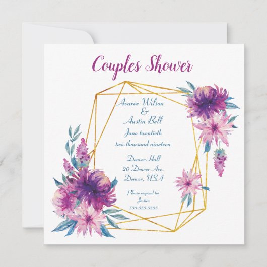 紫と青のカップルのシャワー 招待状 (正面)