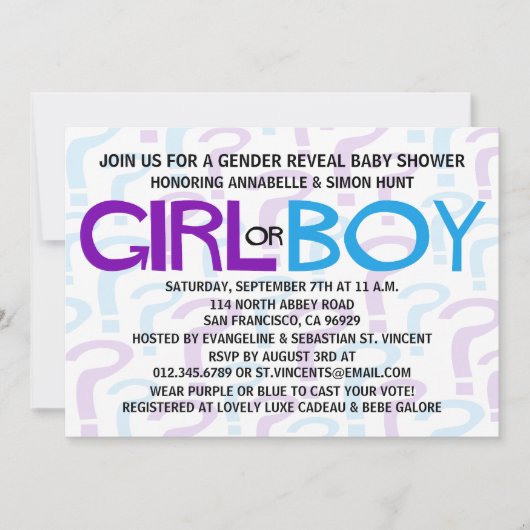 紫と青のジェンダーリビールベビーシャワーパーティー 招待状 (正面)