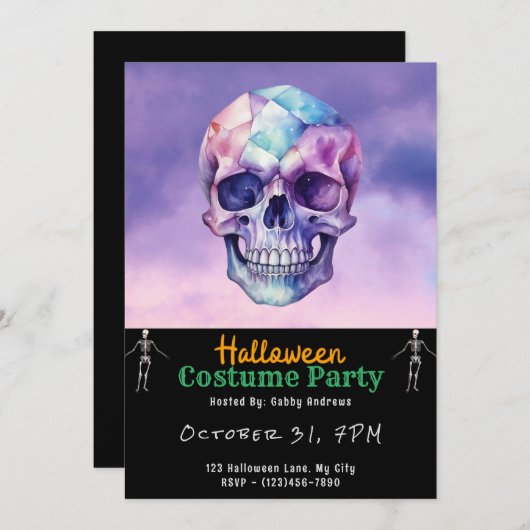 紫と青のスカルと雲ブラックハロウィーン 招待状 (正面/裏面)