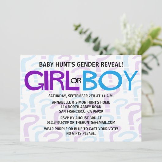 紫と青のタイポグラフィの性別表示パーティー 招待状 (スタンド正面)