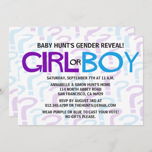 紫と青のタイポグラフィの性別表示パーティー 招待状 (正面/裏面)