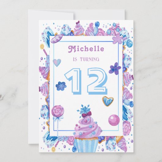 紫と青のデザート 水彩 誕生日招待状 招待状 (正面)