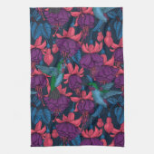 紫と青のハチドリの庭 キッチンタオル (縦)