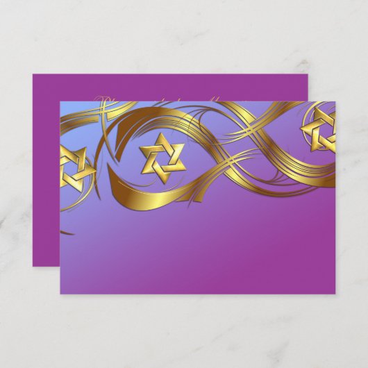 紫と青のバルミツワー金ゴールド星が花開く 出欠カード (正面/裏面)