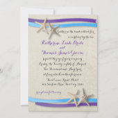 紫と青のビーチ結婚式ヒトデとリボン 招待状 (正面)