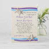 紫と青のビーチ結婚式ヒトデとリボン 招待状 (スタンド正面)