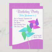 紫と青のピンホイールバースデーパーティー 招待状 (正面/裏面)