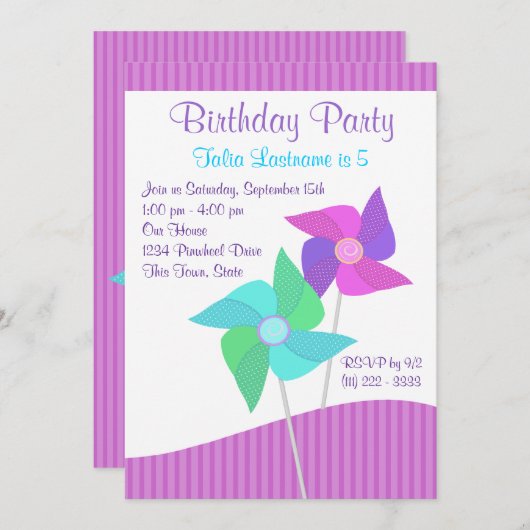 紫と青のピンホイールバースデーパーティー 招待状 (正面/裏面)
