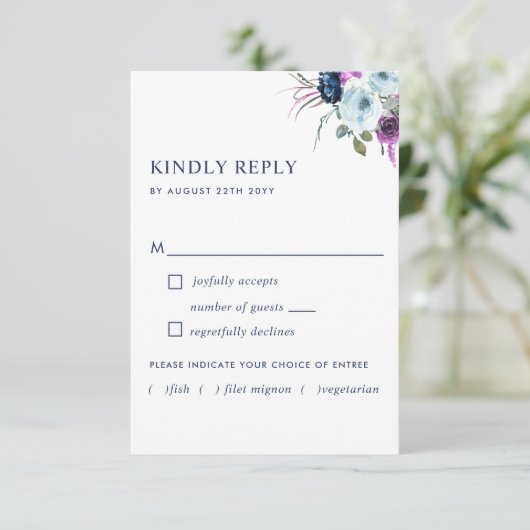 紫と青のフローラと食事オプションなしRSVP 出欠カード (スタンド正面)