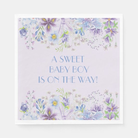 紫と青のフローラボーイシャワー紙ナプキン スタンダードランチョンナプキン (正面)