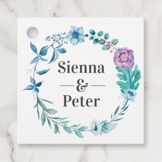 紫と青のフローラリース結婚式の引き出物ラベル フェイバータグ (正面)