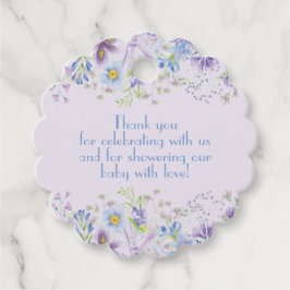 紫と青のフローラ男の赤ちゃんシャワーメッセージカード フェイバータグ