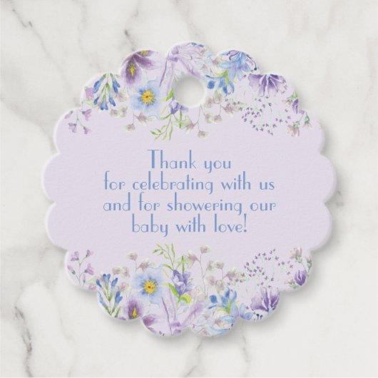 紫と青のフローラ男の赤ちゃんシャワーメッセージカード フェイバータグ (正面)