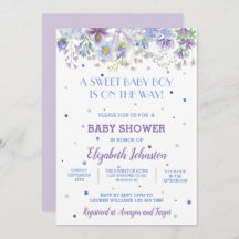 紫と青のフローラ男の赤ちゃんシャワー招待状