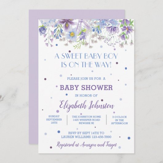 紫と青のフローラ男の赤ちゃんシャワー招待状 招待状 (正面/裏面)