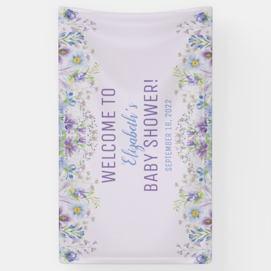 紫と青のフローラ男の赤ちゃんシャワー 横断幕 (縦)