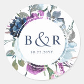 紫と青のフローラ結婚の封筒/お気に入り ラウンドシール (正面)