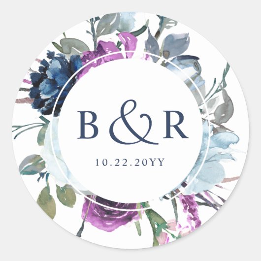 紫と青のフローラ結婚の封筒/お気に入り ラウンドシール (正面)