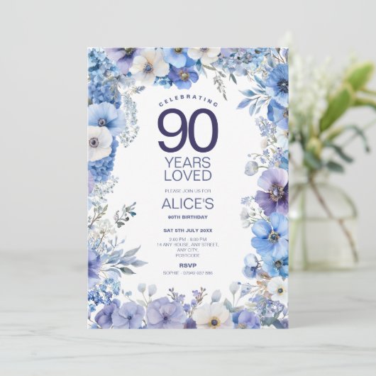 紫と青のフローラ90誕生日、マイルストーン 招待状 (スタンド正面)