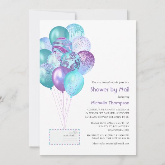 紫と青のベビーまたはブライダルシャワー(郵便) 招待状 (正面)