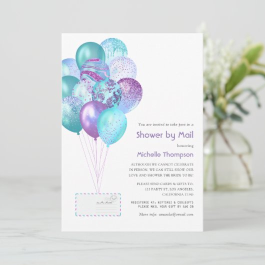 紫と青のベビーまたはブライダルシャワー(郵便) 招待状 (スタンド正面)