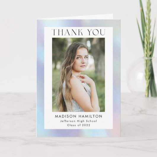 紫と青のホログラフィックフォトの卒業 サンキューカード (正面)