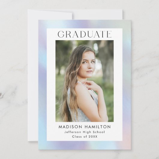紫と青のホログラフィック写真卒業パーティー 招待状 (正面)