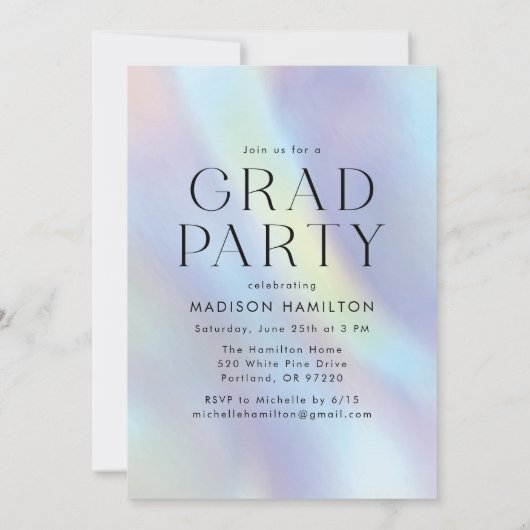 紫と青のホログラフィック写真卒業パーティー 招待状 (裏面)