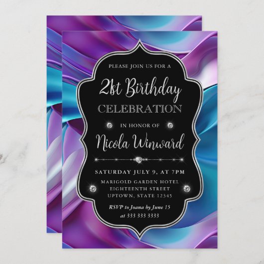 紫と青の人魚シルクフレーム誕生日 招待状 (正面/裏面)