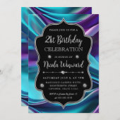 紫と青の人魚シルクフレーム誕生日 招待状 (正面/裏面)
