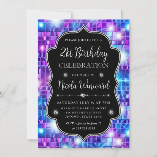 紫と青の人魚モザイクフレーム誕生日 招待状 (正面)