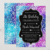 紫と青の人魚モザイクフレーム誕生日 招待状 (正面/裏面)