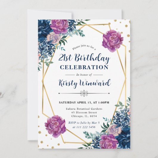 紫と青の夏の花フレーム誕生日 招待状 (正面)