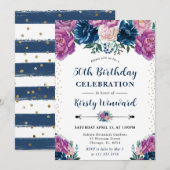 紫と青の夏の花50誕生日 招待状 (正面/裏面)