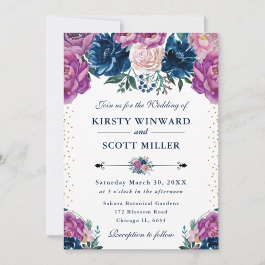 紫と青の夏結婚の花 招待状 (正面)